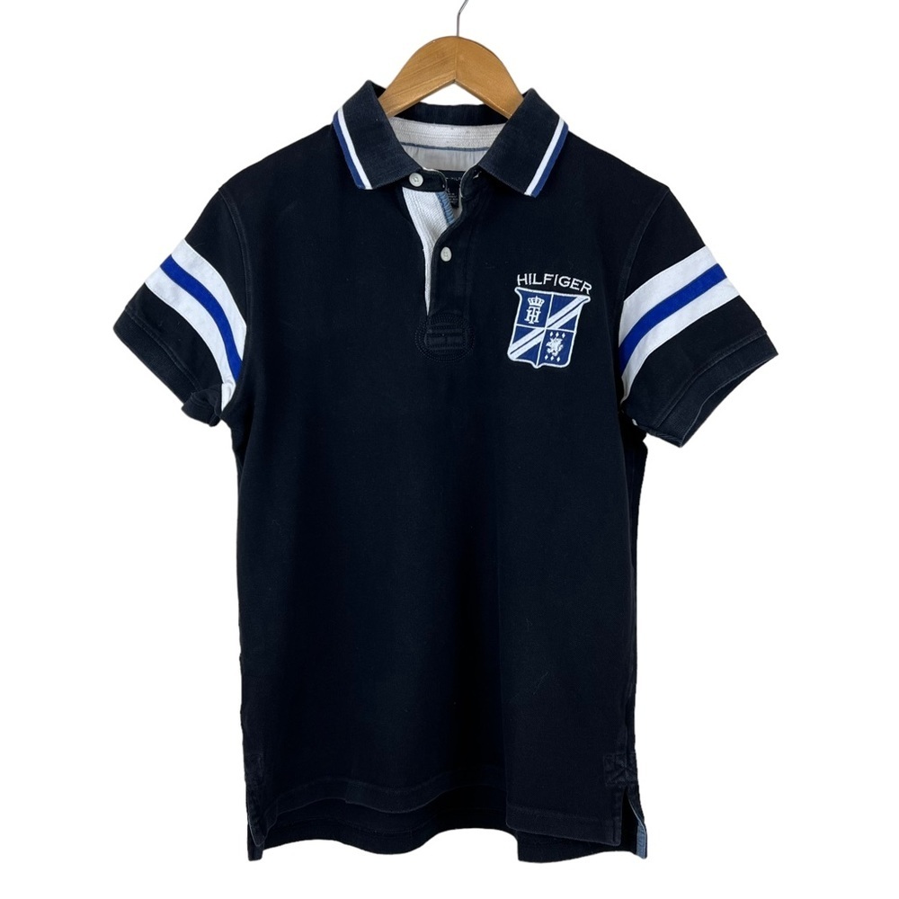 Tommy Hilfiger Navy Blue Polo Embroidered Crest Logo Striped Sleeves Size Large